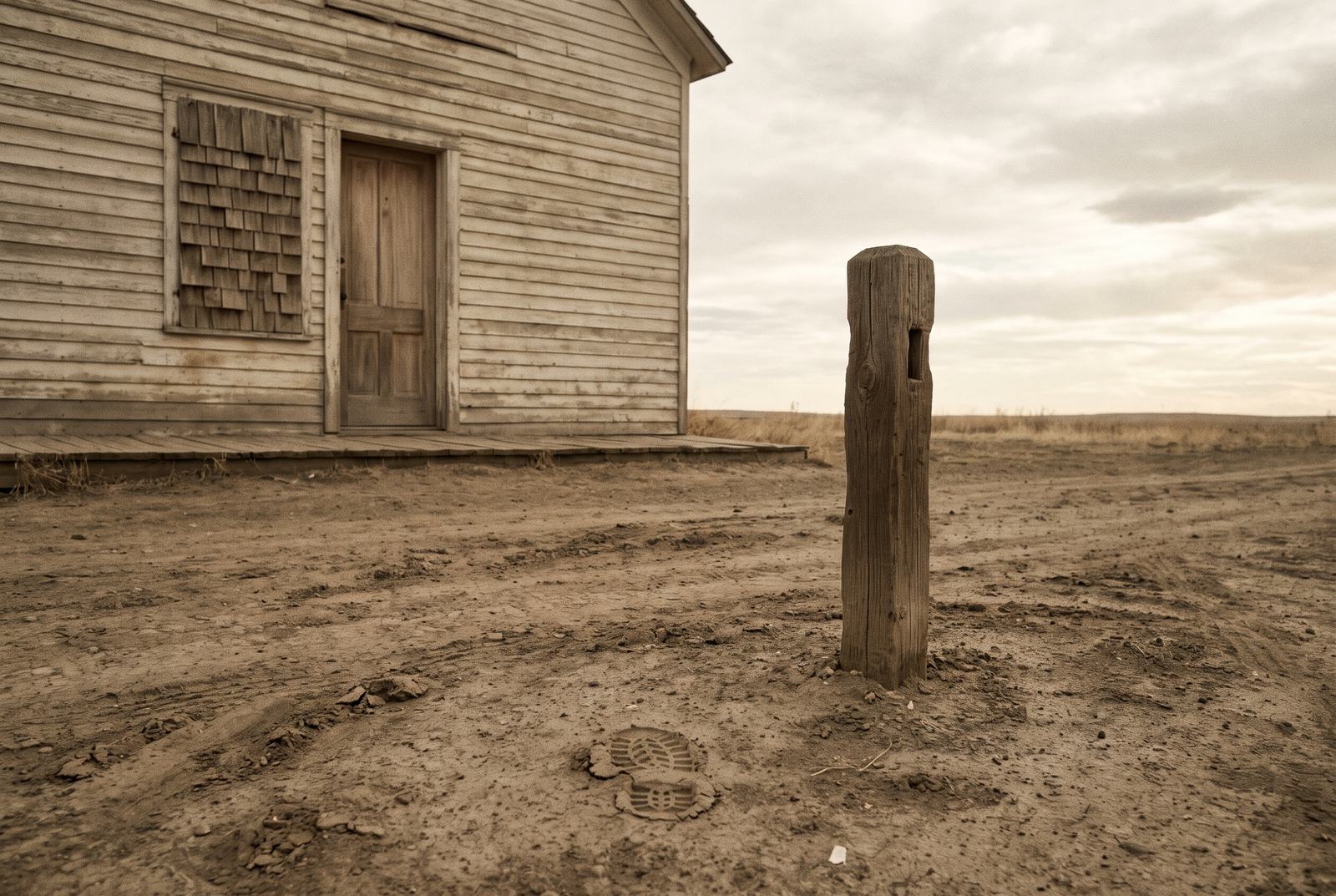 An empty hitching post in front of a clapboard building with a blank wooden shingle by the door.