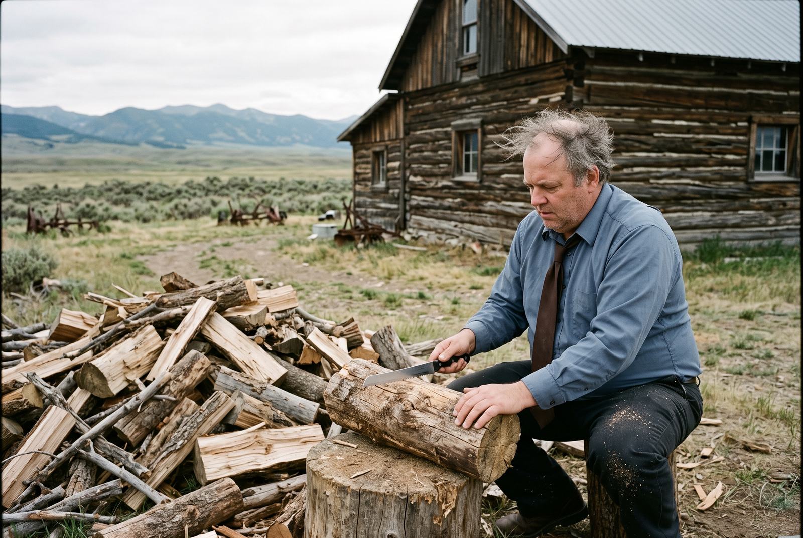 A man in a shirt and tie crouches by a woodpile trying to split a log with a bread knife.