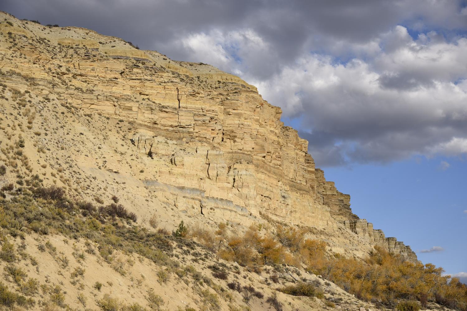 The layered cliff face of Fossil Butte under a clouded sky.